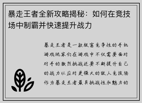 暴走王者全新攻略揭秘:如何在竞技场中制霸并快速提升战力
